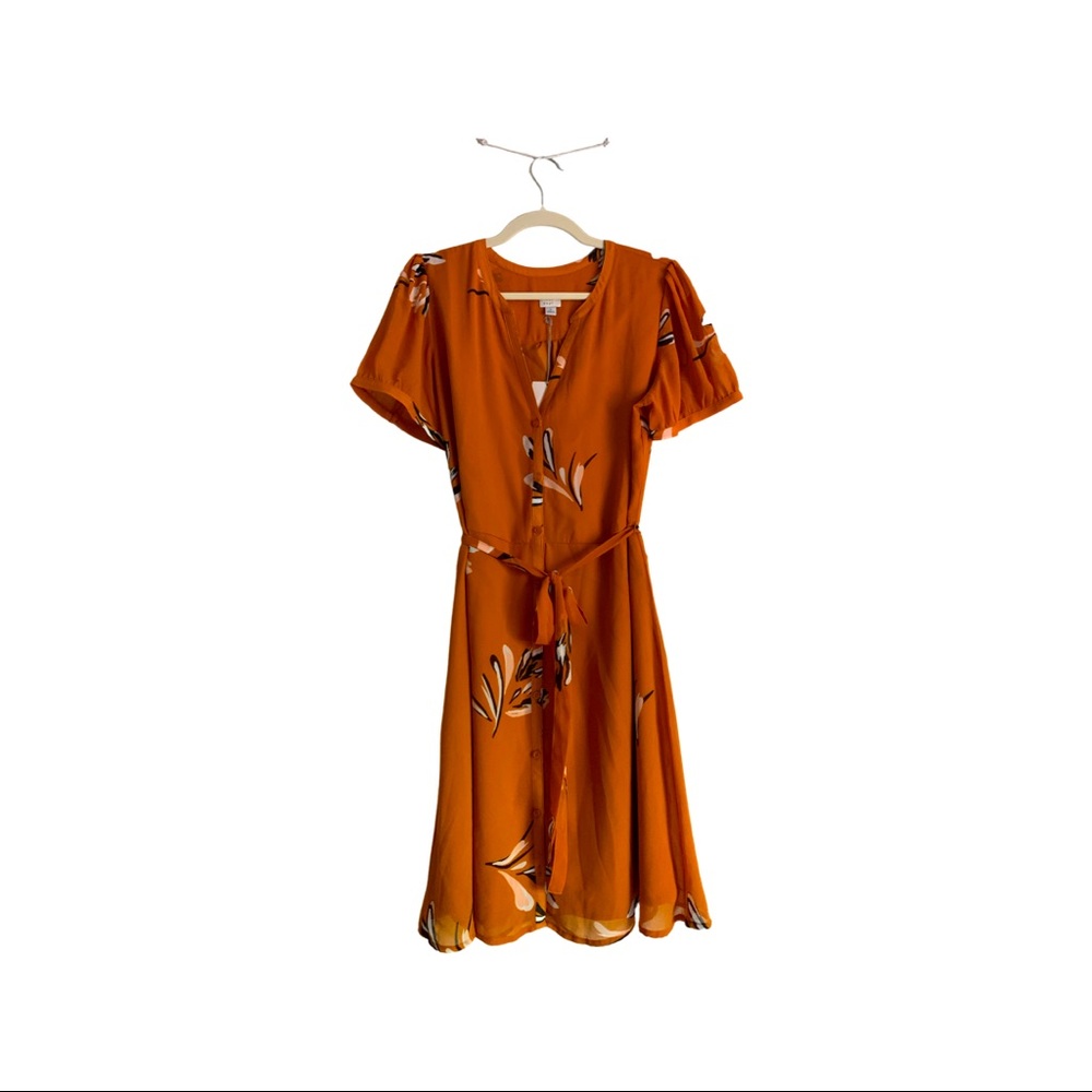 Orange w/ Black & White Flowers Midi Dress